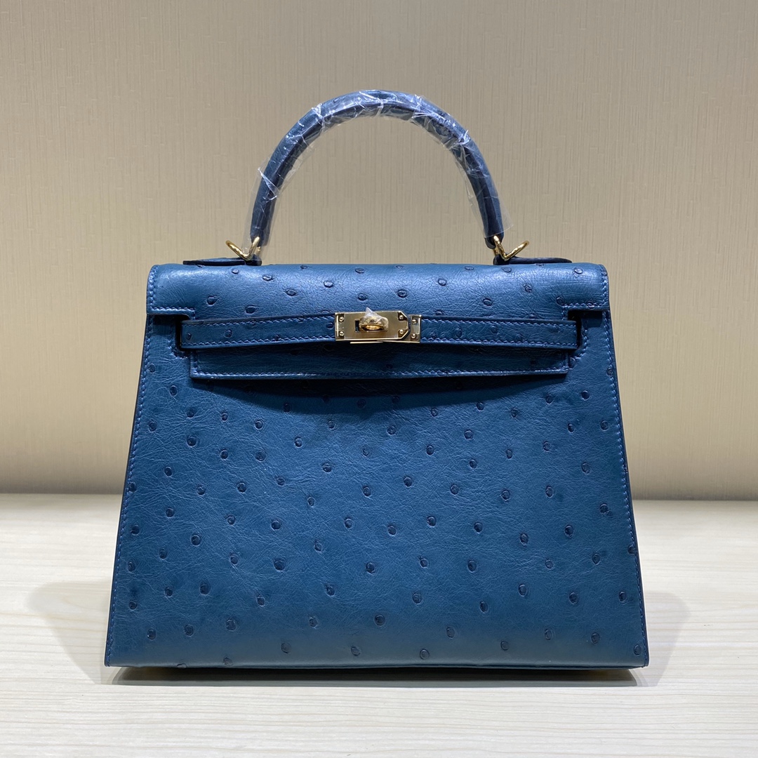 Hermes Kelly 25cm Handbag Shoulder Bag in Blue Royal Ostrich Leather